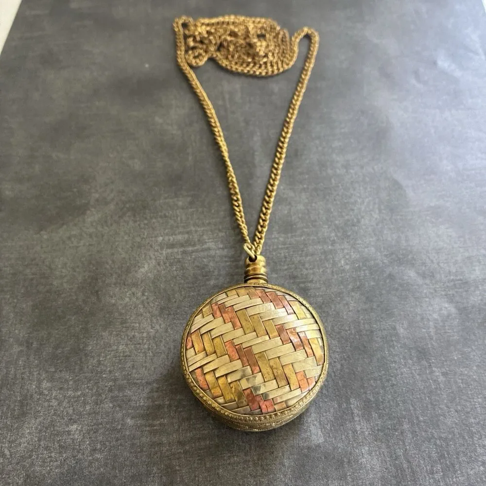 Vintage Perfume Bottle Necklace Pendant Chatelaine Woven Mixed Metal Flask 1.6oz